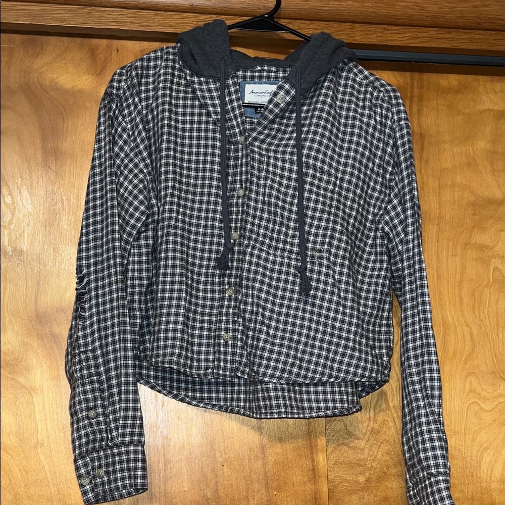 American Eagle Outfitters Gray and White Plaid Hoodie Shirt